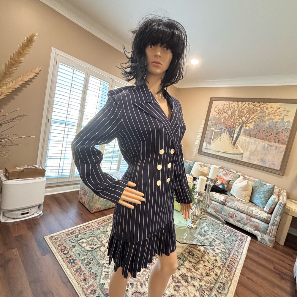 Navy Pinstripe Double-Breasted Mini Dress with Pleated Hem